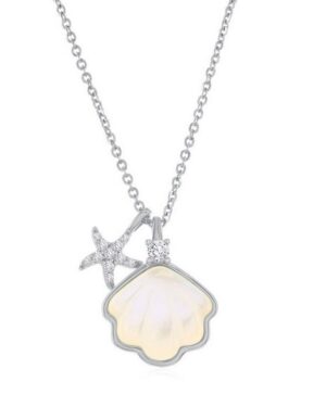 Sterling Silver rhodium plated mother of pear dangle shell and cubic zirconia necklace on adjust chain