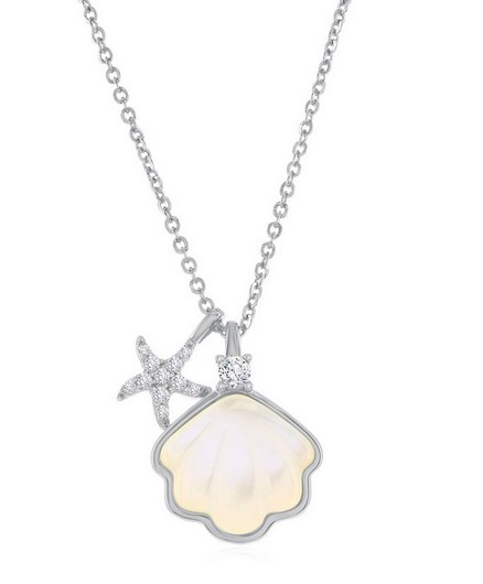 Sterling Silver rhodium plated mother of pear dangle shell and cubic zirconia necklace on adjust chain