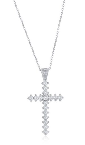 Sterling Silver Rhodium Plated Cubic Zirconia Cross Necklace On Adjustable Chain