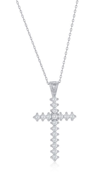 Sterling Silver Rhodium Plated Cubic Zirconia Cross Necklace On Adjustable Chain