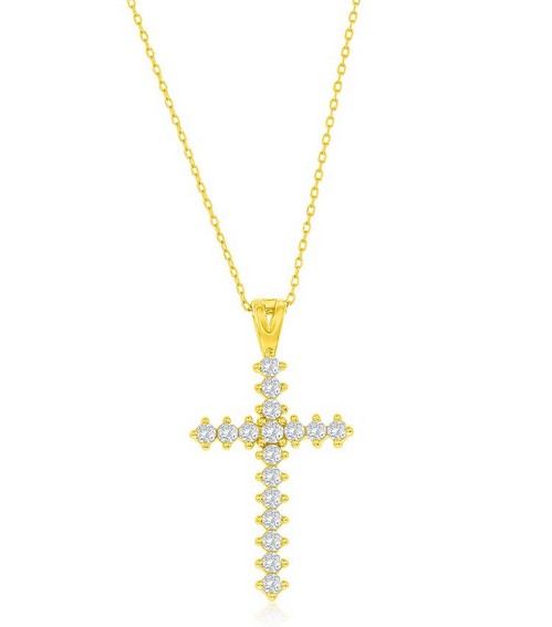 M GP .jpg Sterling Silver gold plated cubic zirconia cross pendant on adjustable chain
