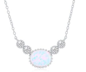 Sterling Silver oval created opal and round cz beaded outline necklace on adjustable chain 16+2"