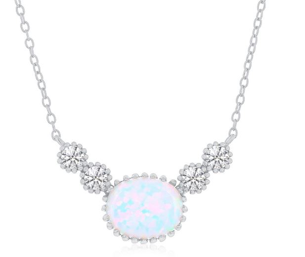 Sterling Silver oval created opal and round cz beaded outline necklace on adjustable chain 16+2"