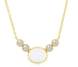 Sterling Silver Gold Plated Created White Opal And Cubic Zirconia Beaded Halo Pendant On Adjustable Chain