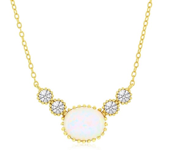 M gp .jpg Sterling Silver Gold Plated Created White Opal And Cubic Zirconia Beaded Halo Pendant On Adjustable Chain