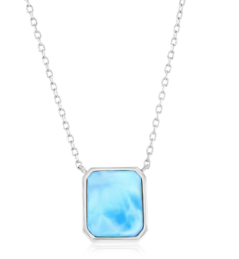 M .png Sterling Silver rhodium plated genuine larimar rectangle necklace on adjustable chain with spring ring