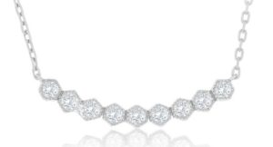 Sterling Silver rhodium plated hexagon cubic zirconia bar necklace on adjustable chain