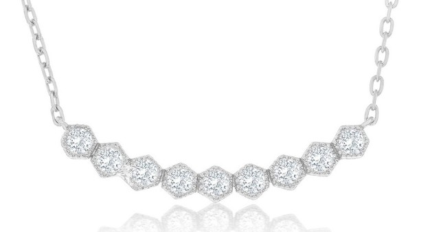 Sterling Silver rhodium plated hexagon cubic zirconia bar necklace on adjustable chain