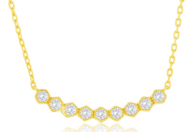 Steling Silver gold plated nexacon cubic zirconia bar necklace on adjustable chain