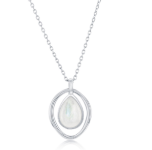 Sterling Silver rhodium plated mother of pearl pear shaped oval necklace on adjustable chain