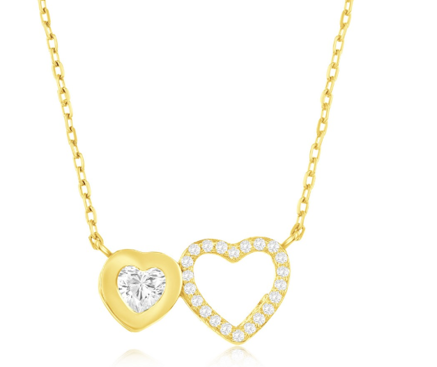 M GP .png Sterling Silver gold plated double heart cubic zirconia heart necklace on adjustable chain