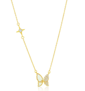 Sterling Silver gold plated mother of pear and cubic zirconia butterfly pendant on adjustable chain