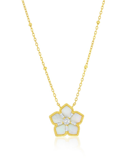 M .png Sterling Silver gold plated mother of pearl and cubic zirconia flower pendant on adjustable chain