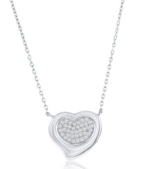 Sterling Silver rhodium plated cubic zirconia puffed pave heart necklace on adjustable chain