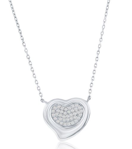Sterling Silver rhodium plated cubic zirconia puffed pave heart necklace on adjustable chain