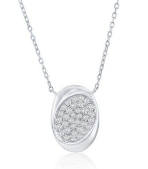 Sterling Silver rhodium plated cubic zirconia oval pave necklace on adjustable chain