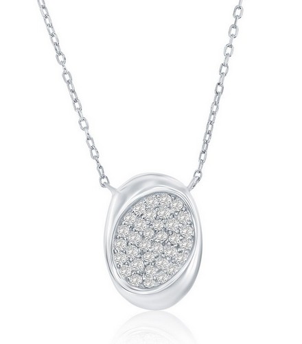Sterling Silver rhodium plated cubic zirconia oval pave necklace on adjustable chain