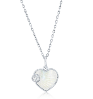Sterling Silver mother of pearl and cubic zirconia beaded edge heart necklace on adjustable chain