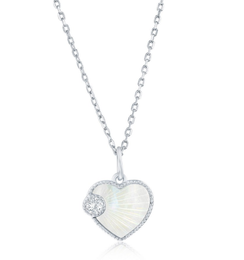M .png Sterling Silver mother of pearl and cubic zirconia beaded edge heart necklace on adjustable chain