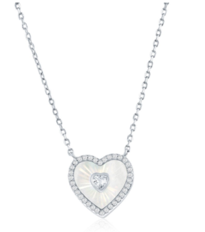 Sterling Silver rhodium plated mother of pearl and cubic zirconia heart pendant on adjustable chain