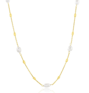 Sterling Silver gold plated freshwater pearl and bead station necklace on adjustable chain 16+2"