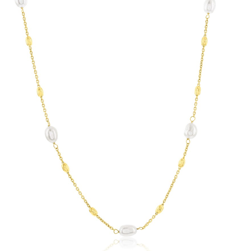 M GP .png Sterling Silver gold plated freshwater pearl and bead station necklace on adjustable chain 16+2"