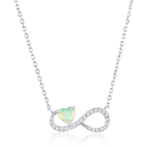 Sterling Silver rhodium plated white created opal heart pendant on adjustable chain 16+2"