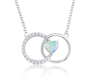 Sterling Silver rhodium plated created opal and cubic zirconia double circle heart necklace on adjustable chain