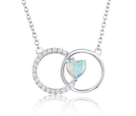 Sterling Silver rhodium plated created opal and cubic zirconia double circle heart necklace on adjustable chain