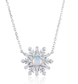 Sterling Silver rhodium plated created opal and cubic zirconia snowflake necklace on adjustable chain