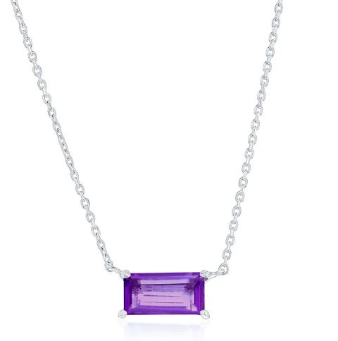 Sterling Silver rhodium plated 5 by 10 rectangular genuine amethyst necklace on adjustable able