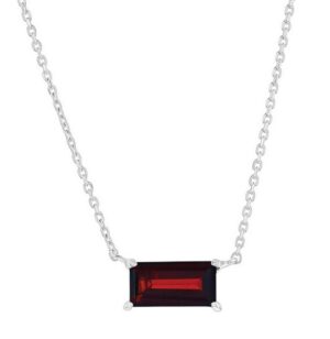 Sterling Silver rhodium plated 5 by 10 rectangular genuine garnet necklace on adjustable