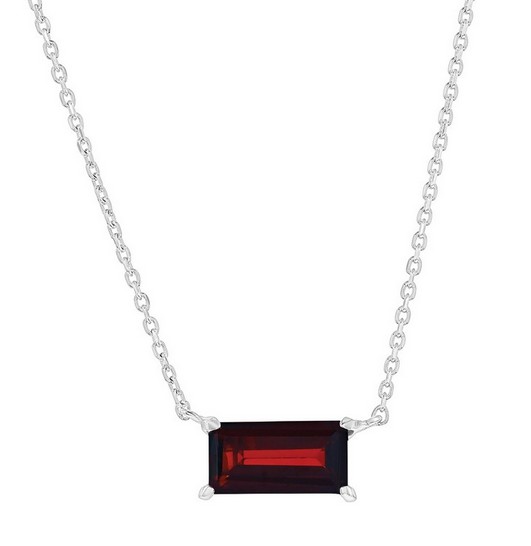 Sterling Silver rhodium plated 5 by 10 rectangular genuine garnet necklace on adjustable