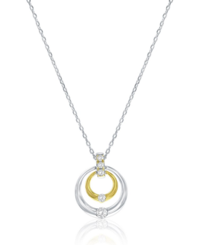 Sterling Silver rhodium plated and gold plated cubic zirconia circle pendant on adjustable chain 16+2"