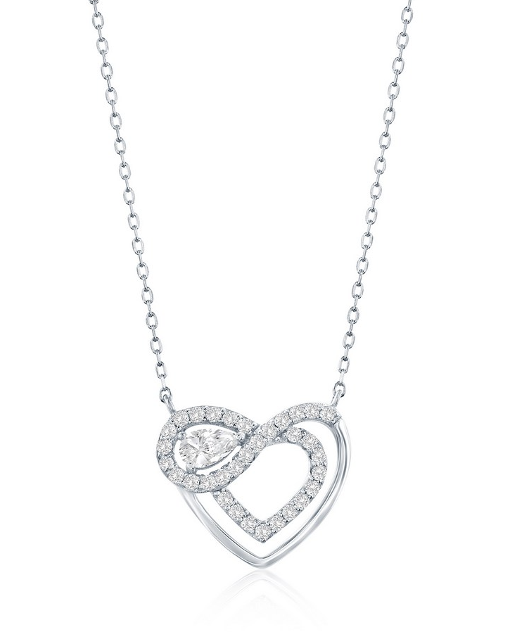M .png Sterling Silver rhodium plated heart and pear shaped cubic zirconia heart pendant on adjustable chain