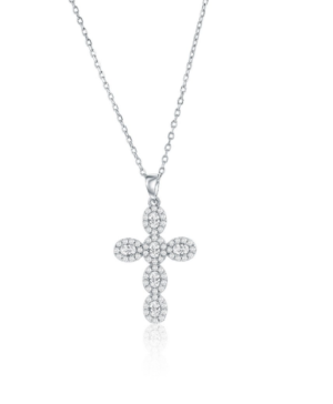 Sterling Silver rhodium plated cubic zirconia halo cross pendant on adjustable chain