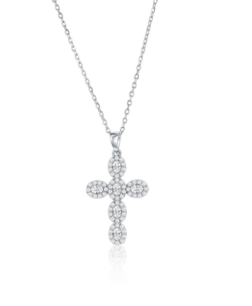M .png Sterling Silver rhodium plated cubic zirconia halo cross pendant on adjustable chain