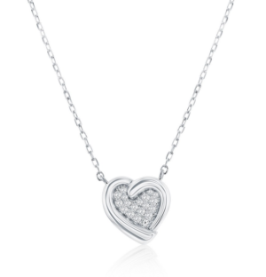 Sterling Silver rhodium plated cubic zirconia pave heart pendant on adjustable chain