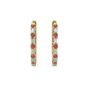 14kt yellow gold ruby baguette and diamond huggie hoop earring D tw 0.20cts SI, H