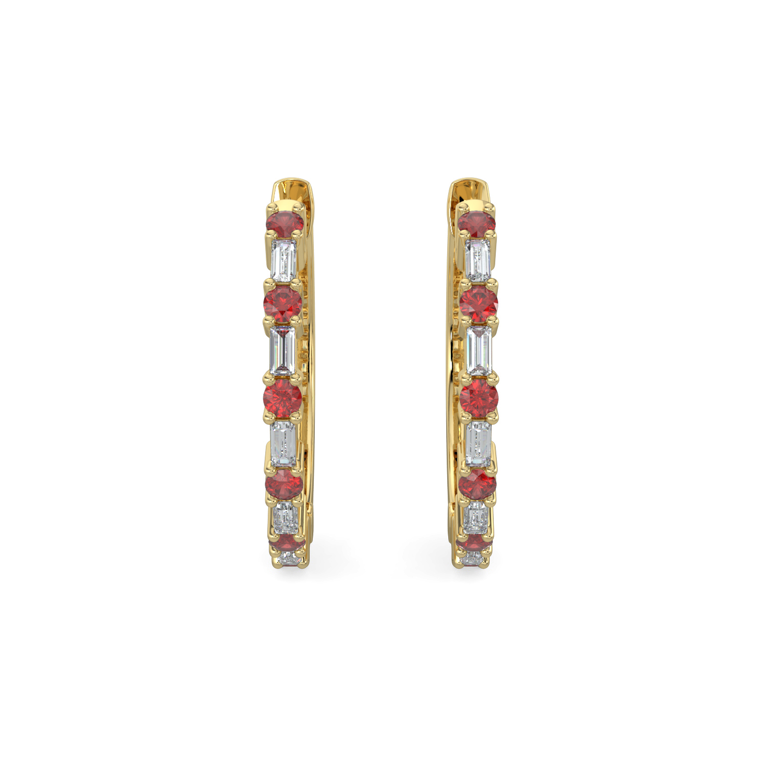 MEV RB .jpg 14kt yellow gold ruby baguette and diamond huggie hoop earring D tw 0.20cts SI, H