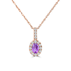 14kt rose gold diamond and morganite halo pendant on machine made rope D tw 0.25cts SI, G/H