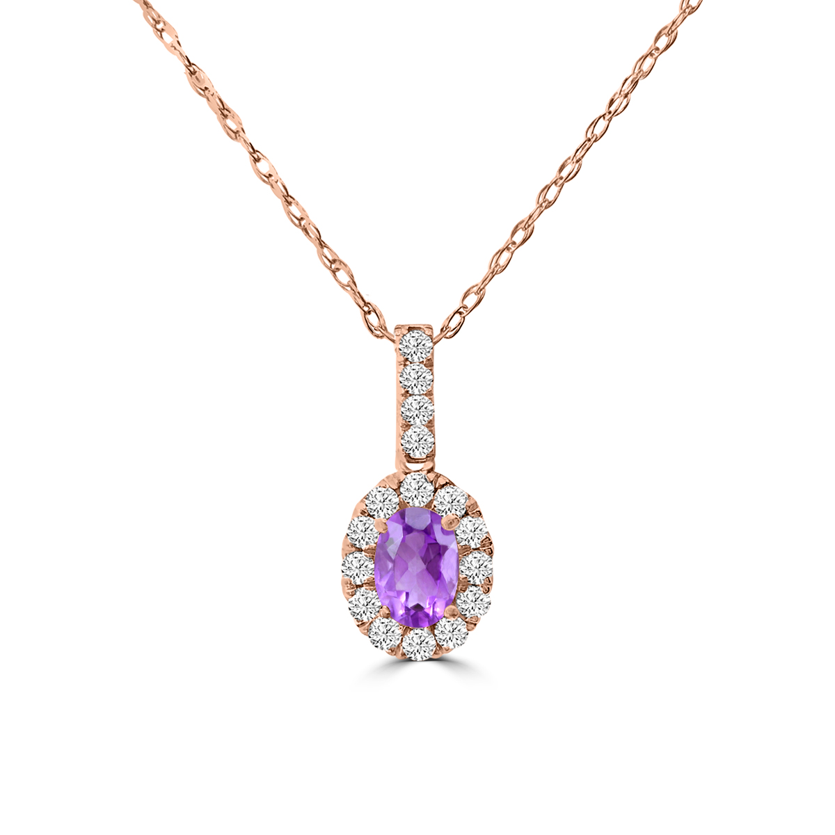 MPMRV 14kt rose gold diamond and morganite halo pendant on machine made rope D tw 0.25cts SI, G/H
