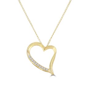 14kt yellow gold diamond heart pendant on machine made rope tw 0.10cts SI, I 18"