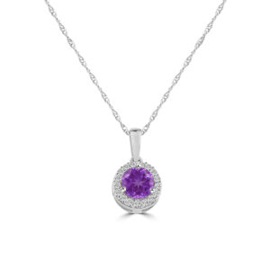 14kt white gold diamond and amethyst halo pendant on 18" machine made rope tw 0.09cts SI, H