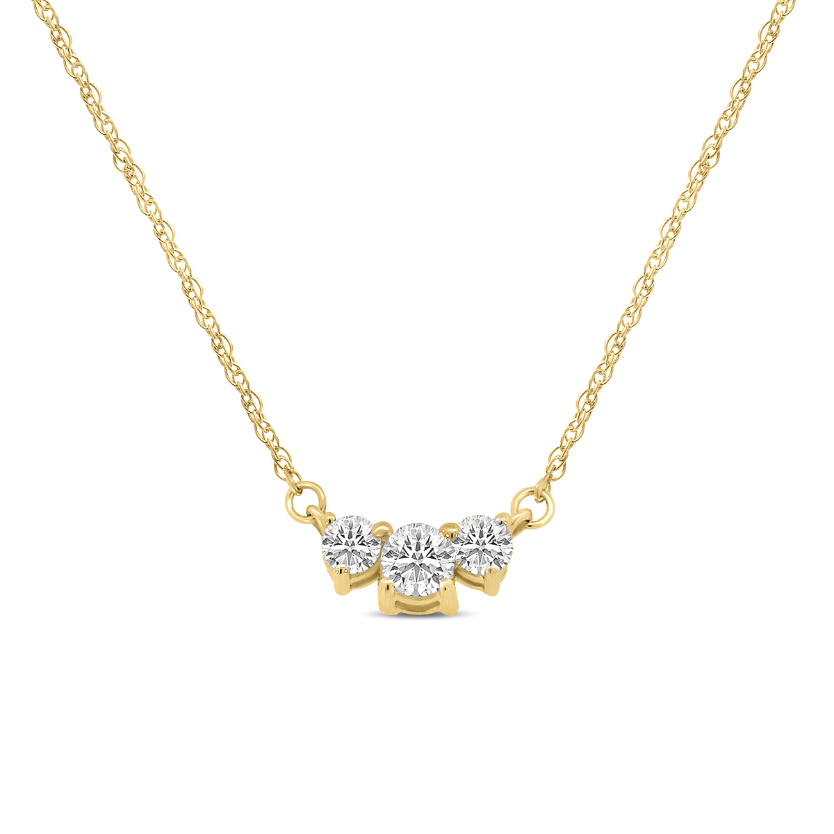 MPVA .jpg 10kt yellow gold three stone pendant D tw 0.20cts SI, near colorless I color on 18" chain