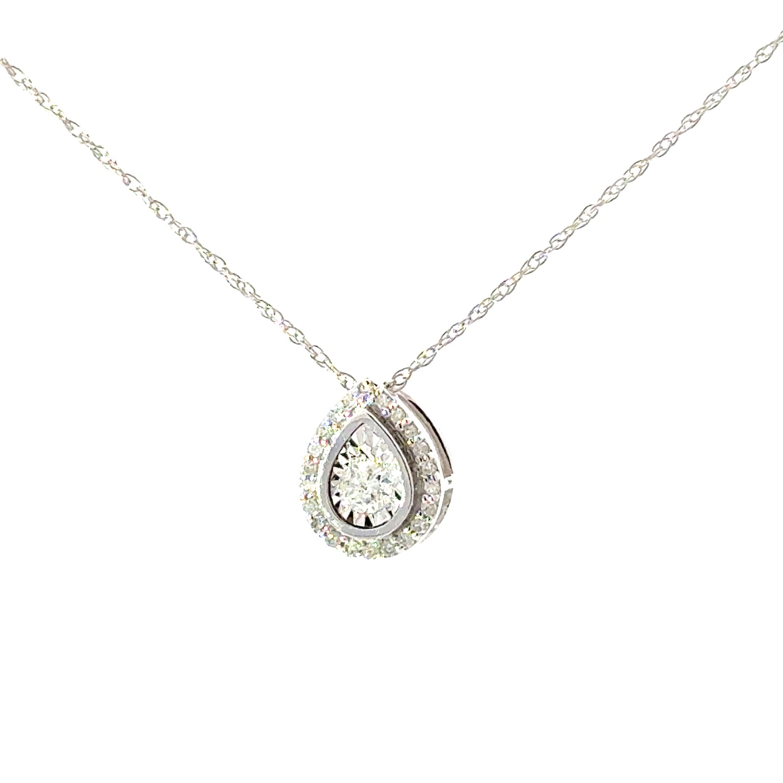 MPFS .jpg 14kt white gold diamond pear shape pendant on machine rope D tw 0.16cts 18" SI1/SI2, near colorless I