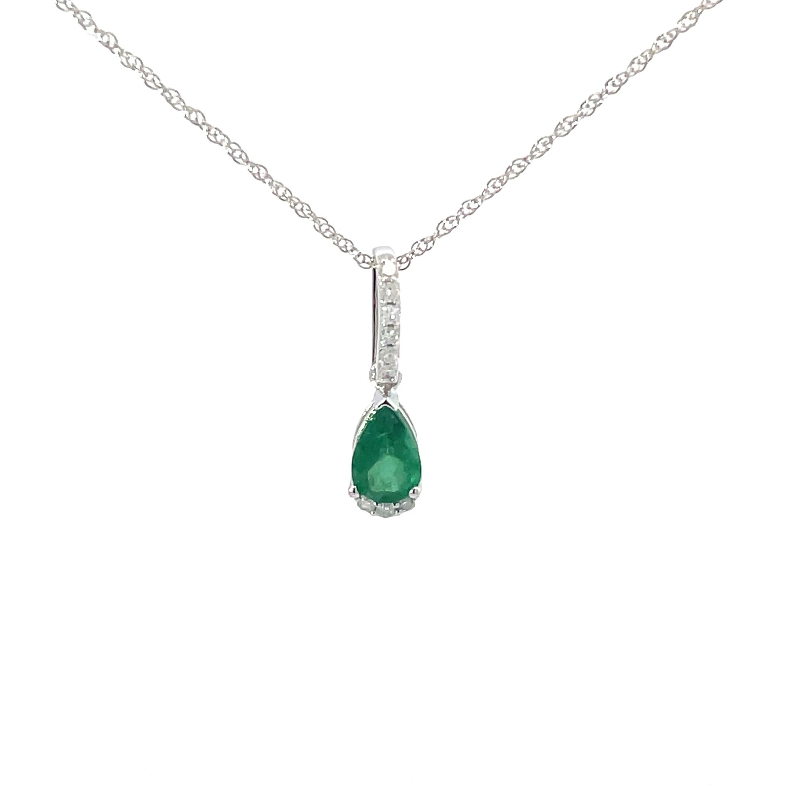 MPV EM .jpg 10kt white gold diamond and genuine emerald pear shape pendnat D tw 0.05cts SI2, near colorless I color on 18"