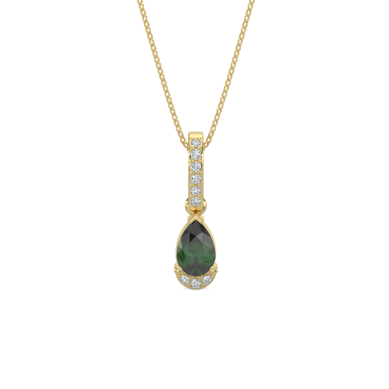 MPV EM .jpg 10kt yellow gold diamond and genuine emerald tear drop pendant D tw 0.05cts Si2, near colorless I color on 18"