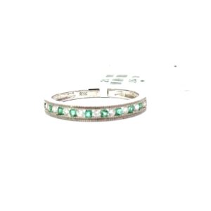 10kt white gold diamond and genuine emerald band channel set with a milgrain edge tw 0.13 cts E tw0.10