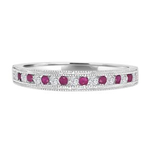 10kt white gold diamond and ruby band with milgrain edge on sides D tw 0.13, R tw 0.10